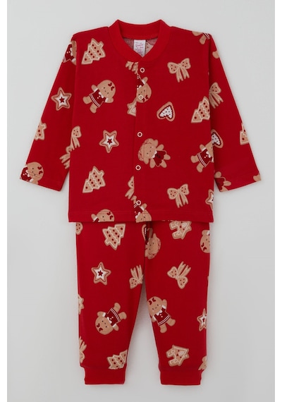 Breeze Kız Bebek Pijama Takımı Sevimli Kurabiye Bebek & Fiyonk Desenli Önden Çıtçıtlı 4 Ay - 1 Yaş , Kırmızı