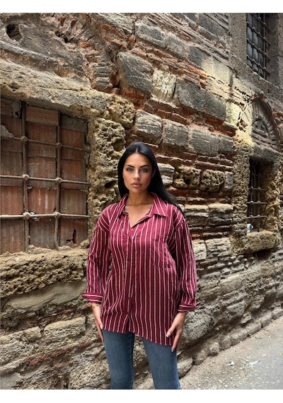 WeShaya Bordo Çizgili Oversize Düğmeli Gömlek Bordo
