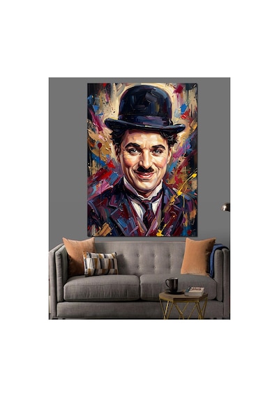 Renkli Boya Patlamalı Charlie Chaplin Yağlı Boya Dokulu Kanvas Tablo Canvas Tablosu