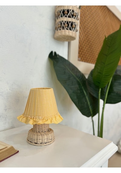 Sarı Pötikare Desen Kumaş Rattan Ayaklı Kablosuz Gece Masa Lambası
