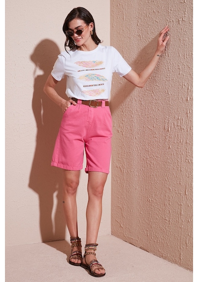 Lela Pamuklu Relaxed Fit Yüksel Bel Kemerli Gabardin Short Bayan Şort 668Yp4710 Fuşya