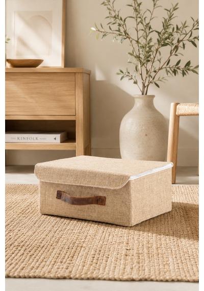 Kapaklı Jüt Düzenleyici Sepet L Boy 35x26x15 Cm Dolap İçi Raf Banyo Ve Aksesuar Saklama Kutusu Bej