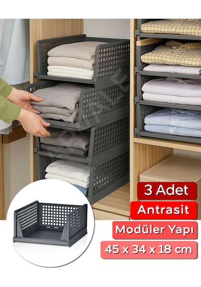 3 Adet Raylı Elbise Organizeri - Mutfak Banyo Düzenleme Depolama Üst Üste Dizilebilir Gri