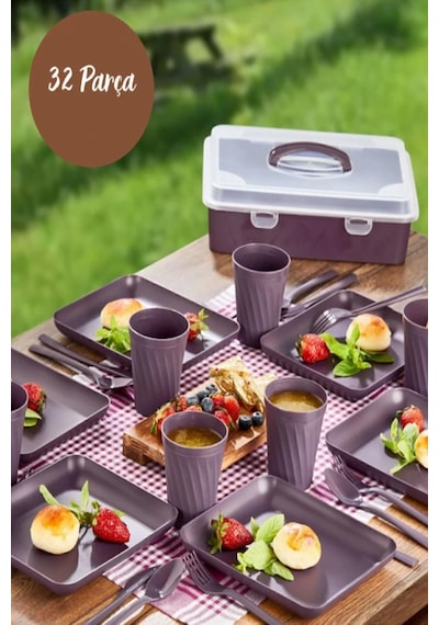 32 Parça Mürdüm Piknik Seti Premium Kalite Piknik Mangal Seti Tabak, Bıçak, Çatal, Kaşık, Bardak Set Mor