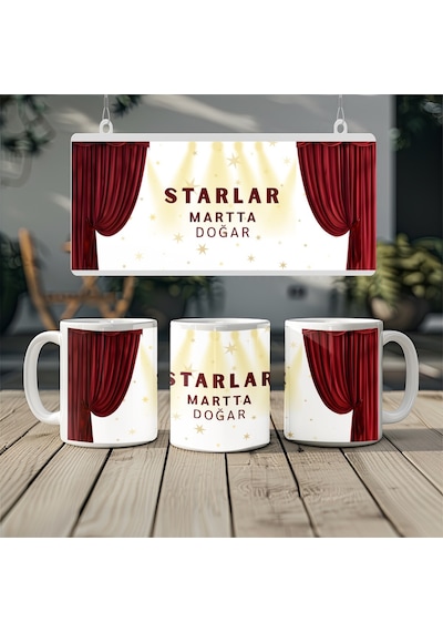 Starlar Martta Doğar Sahne Perdesi Ve Işıklı Kupa Bardak - Kadın Ve Erkek Doğum Günü Hediyesi Beyaz