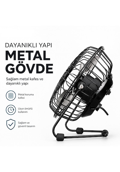 Usb Şarjlı - Metal Gövde 14.5x7.5x15cm Mini Masaüstü Fan - Vantilatör Efn-482 4887