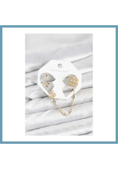 Bezos Kiraz Model Pirinç Gold Renk Zincir Bağlantılı Ear Cuff Küpe Seti Mbt06