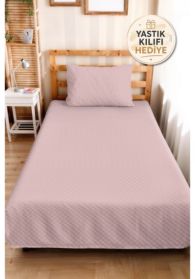 Pudra Minimal Genç Kız Odası Tek Kişilik Pike Takımı - Kapitone Pembe 160x220 Cm Yatak Örtüsü Gri