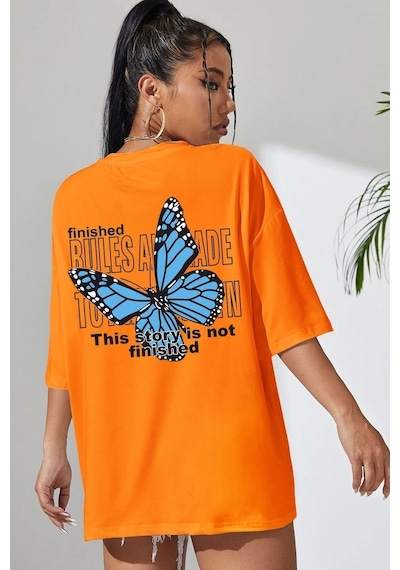 Flood Of Style Unisex Turuncu Sırt Kelebek Baskılı T-shirt