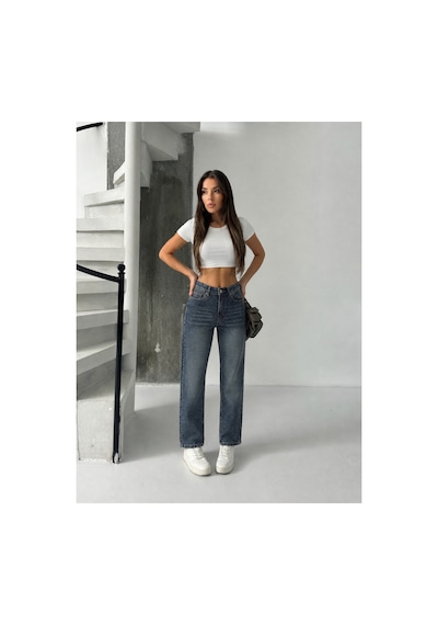 Bluemarlin Yeşil Tint Yüksek Bel Ön Bacak Taşlı Mom Jeans Kot Pantolon Yeşil Tint