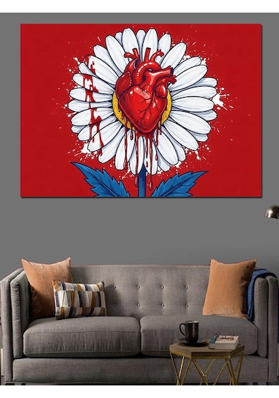 Ahşap Tablo Papatya İçinde Kırmızı Kalp Deseni