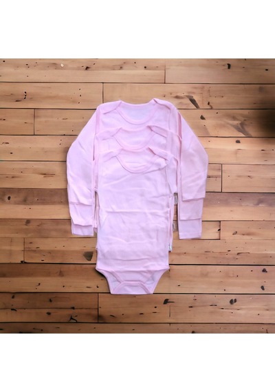 Salar Ticaret Çıtçıtlı Bebek Body Zıbın Uzun Kollu Pamuklu Pembe 3 Adet Fitili Pembe
