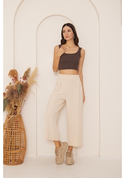 Darlin Moda Bej Yüksek Bel Bol Paça Pantolon Dm3003 Bej