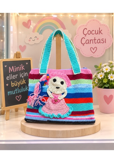 El Yapımı Örgü Çocuk Çantası Renkli Çizgili Kız Çocuk Omuz Ve El Çantası Çok renkli