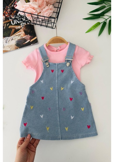 Miniğimin Cicileri Renkli Kalp İşleme Detaylı Kız Bebek Jile Takım Pembe