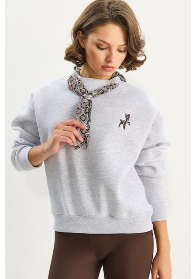 Shade Kadın Fular Detaylı Ceylan Nakışlı Üç İplik Şardonlu Oversize Sweatshirt 6916 60283615 - Gri