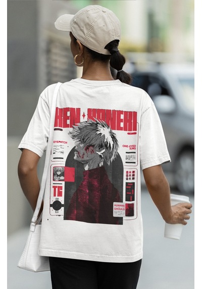 Tokyo Ghoul Ken Kaneki Sırt Baskılı Unisex Oversize Anime Tişört Beyaz