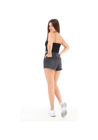 Cedy Denim Kadın Yüksek Bel Yırtlıklı Ve Yıpratmalı Paçası Püsküllü Kot Şort Mini Jean Şort C603 Antrasit