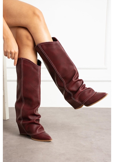 Shoetek Leire Kadın Çizme Kovboy Körüklü Mat Bordo Deri Bordo