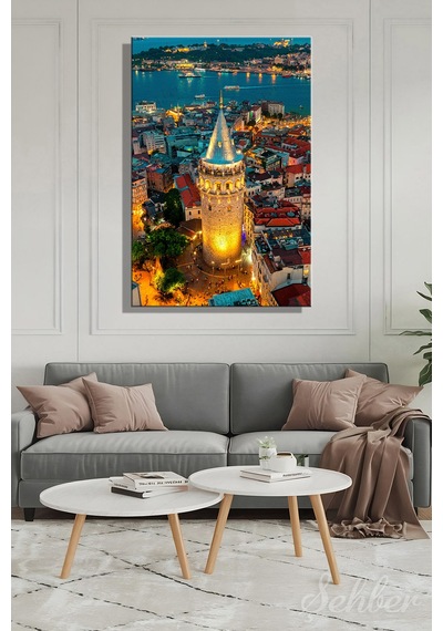 Kanvas Tablo İstanbul'daki Galata Kulesi Gece Manzarası Dikey Salon Tablosu - 4800 Çok Renkli