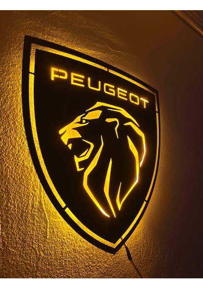 Motto Dekor Metal Amber Led Işıklı Peugeot Armalı Pejo Armalı Duvar Dekoru Duvar Aydınlatması Siyah