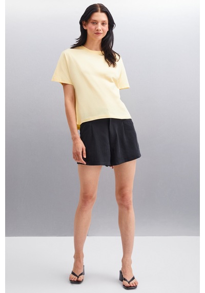 Grimelange Lottıe Kadın %100 Organik Pamuklu Regular Kalıp Bisiklet Yaka Basic Kısa Kollu Sarı T-shirt