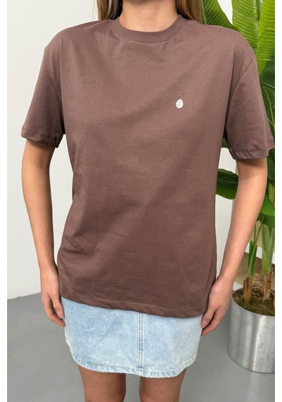 Giysa Kadın Gümüş Aksesuar Detaylı Pamuklu T-shirt Açık Kahverengi - 26y 26510