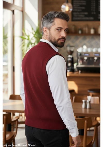 Kamalı Bordo Erkek V Yaka Triko Düğmeli Cepli Çizgi Desenli Regular Fit Tüylenmeyen Örgü Yelek Bordo