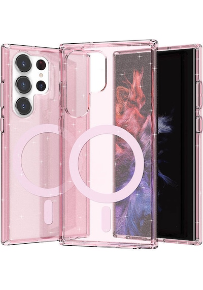 Galaxy Uyumlu S23 Ultra Kılıf Magsafe Şarj Özellikli Parlayan Simli Saydam Renkli Uzrm Allstar Kapak - Pemb Pembe
