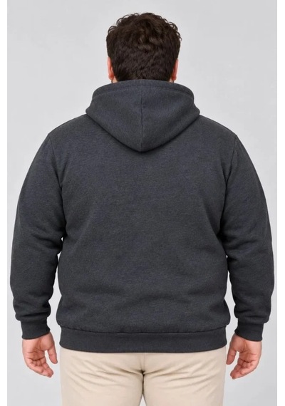Zennamoda Erkek Battal Büyük Beden Üç İplik İçi Şardonlu Kapüşonlu Kanguru Cepli Kışlık Sweatshirt - Füme