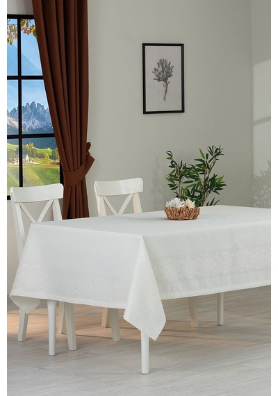 Jumbo Jakar Pano Desen Leke Tutmaz Jakarlı 150x250 Cm Lüks 8 Kişilik Masa Örtüsü Krem Beyaz
