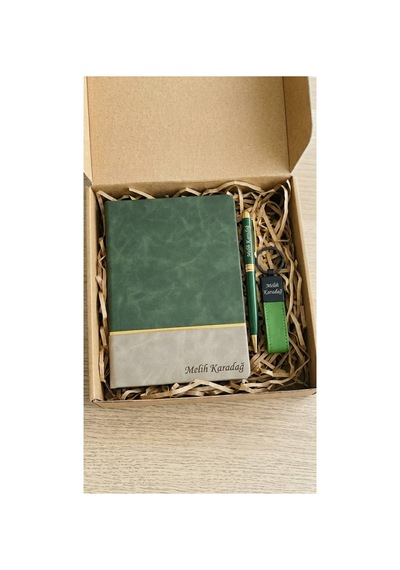 Kişiye Özel Ajanda Set Vıp Defter & Kalem & Anahtarlık Set - Yeşil Yeşil