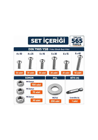 Netzerkoz 562 Parça 7985 Ysb Vida Seti Vida Somun Pul Seti Profesyonel Montaj Kutusu - 5mm Ph2 Bits Dahil 20 X 4 X 10 Milimetre