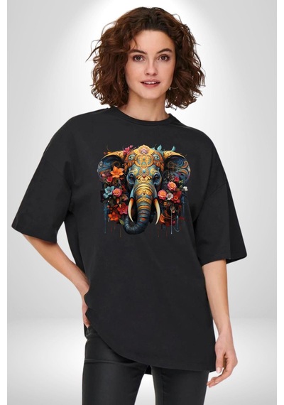 Bereket Fil Hintli Tasarım Pamuklu Bisiklet Yaka Unisex Oversize Boyfriend Dijital Baskılı Siyah T-shirt Siyah