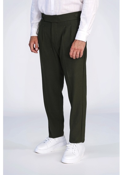Haki Çift Pileli Tokalı Yüksek Bel Slim Fit Pantolon Wessi Yeşil