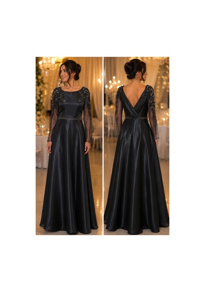 Gül&can Butik Antrasit Saten İşlemeli Abiye Elbise Gri