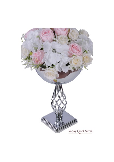 Yapay Çiçek Sitesi Metal Gümüş Burgulu Vazoda Yapay Gül Tanzimi 55 Cm Beyazpembe