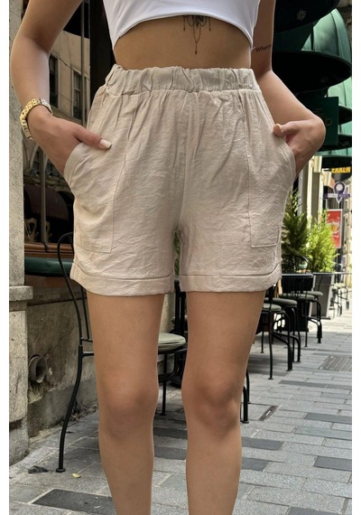 WeShaya Kadın Bej Beli Lastikli, Cepli, Duble Paça, Kısa Keten Şort Bej