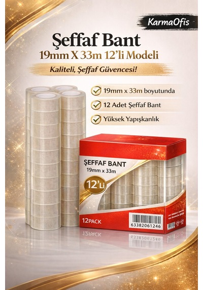Şeffaf Bant 19mm X 33m 12 Li Paket Güçlü Yapışkanlı, Yüksek Şeffaflık, Ofis & Kırtasiye Bandı Diğer