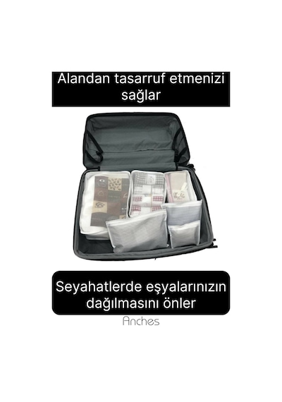 6'lı Valiz Bavul Düzenleyici Seyahat Çantası Organizer Hurç Set Fermuarlı Gri Çizgi Fileli Gri