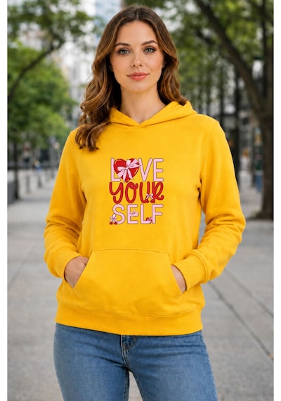Herkesemoda Love Your Self Baskılı Kapüşonlu 2 İplik Şardonlu Sweatshirt Sarı