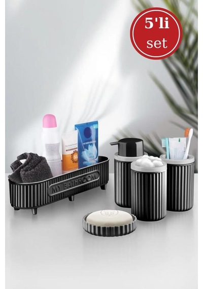 Flora 5 Parça Banyo Seti Çok Amaçlı Sepet, Sıvı Sabunluk, Katı Sabunluk, Diş Fırçalık, Pamukluk Siyah