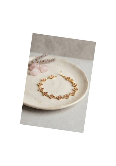 Gold Renk Pembe Zirkon Taşlı Yonca Model Kadın Bileklik Tj-bb8890 Evimdeyokyok