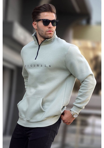 Madmext Mint Yeşili Fermuar Yaka Nakışlı Sweatshirt 6028-mint Yeşili Mint