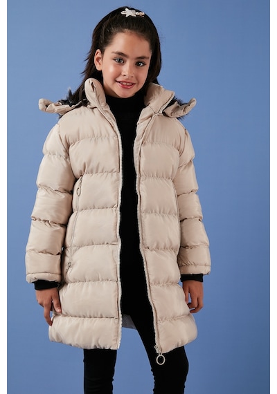 Lela Peluş Astarlı Yakası Suni Kürklü Çıkarılabilir Kapüşonlu Kışlık Kız Çocuk Mont 5766038 Taş
