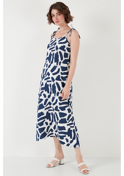 Lela Desenli Midi Boy Oversize Fit Bağlamalı Ip Askılı Bisiklet Yaka Bayan Elbise 5869009 Indigo