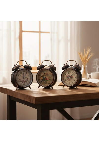 Twin Bell Alarm Clock Bgc-45 Yuvarlak Masa Çalar Saat - Metal Eskitme Desenli Kasa, Pilli Ve Işıklı, 10 Cm