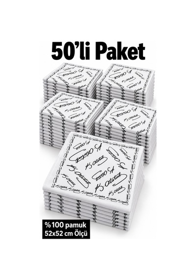 Herşeynota 50 Li Atatürk İmzalı Beyaz Fular 52x52 Cm %100 Pamuk Bandana Okul Tören Etkinlik Çok Renkli