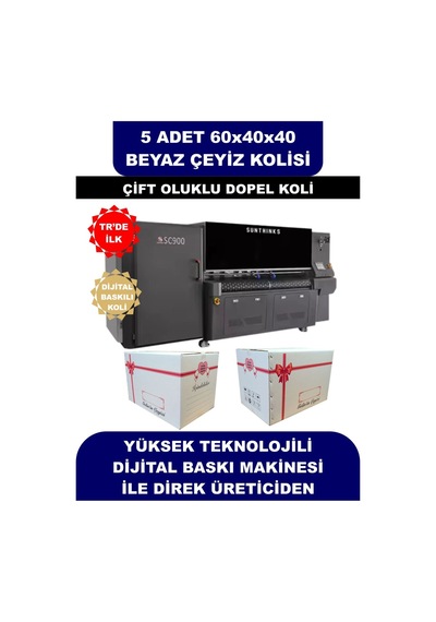 5 Adet 60x40x40 Kurdale Baskılı Beyaz Çeyiz Kolisi, İsim Yazma Alanı Renkli Baskı, Çift Oluklu