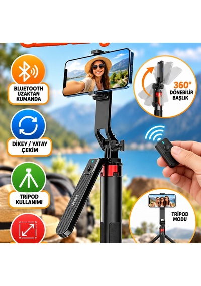 Uzaktan Kumandalı Tripod Selfie Çubuğu Dikey Yatay Çekim Ve Canlı Yayın Uyumlu